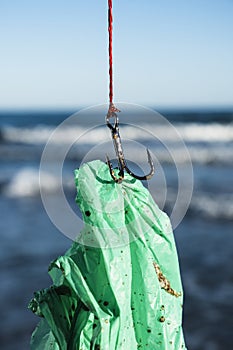 Used plastic bag in a fish hook