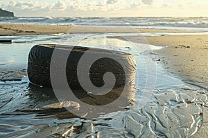 Used rubber car tyre discarded on sea ecosystem,environmental nature pollution