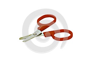 Used scissors with red handle isolated on white background