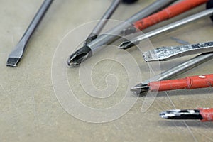 Used screwdrivers tips close up