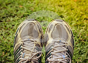 Used sport shoes on yard background