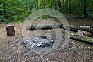 Used stone fire pit in woods with logs