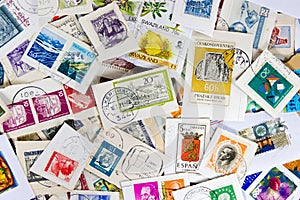 Used vintage stamp collection. Concept of philately hobby