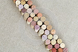 Used wine cork on linen cloth background with copy space