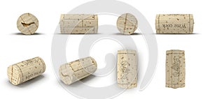 Used Wine Cork renders set from different angles on a white. 3D illustration