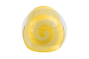 Used Yellow safety helmet isolated on white background. Clipping path saved. Protection helmet, construction equipment. Yellow har