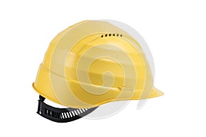 Used Yellow safety helmet isolated on white background. Clipping path saved. Protection helmet, construction equipment. Yellow har