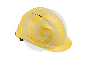 Used Yellow safety helmet isolated on white background. Clipping path saved. Protection helmet, construction equipment. Yellow har