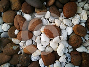 Close up of mixed small brown and white stone texture.