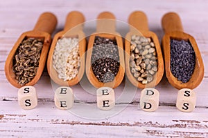 Useful assorted seeds in wooden scoops on a white background.