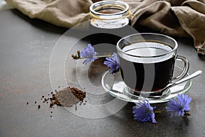 Useful chicory drink and blue flowers. Healthy herbal beverage, coffee substitute.