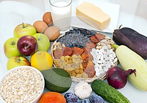 useful diet food, milk, a glass, oatmeal, oatmeal, fruit, apples