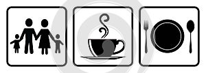 Useful icon for restaurant. Coffee shop Icon,Food allowed Icon,Family members icon drawing by illustration