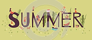 Useful rest, composition summer capital letters and tiny people, outdoor recreation in nature, design cartoon vector