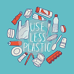 Useless plastic. Ecological illustration. Problem plastic pollution. Vector illustration with lettering