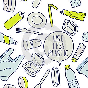 Useless plastic. Ecological seamless pattern. Problem plastic pollution. Hand-drawn illustration