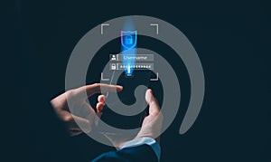 User accessing a mobile device with a glowing holographic login interface, illustrating secure authentication, password protection