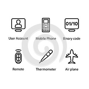 User Account, Mobile Phone, Binary code, Remote, Thermometer, Air plane, Icon