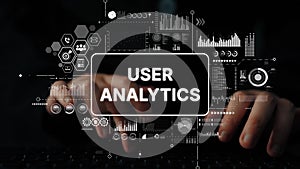 User Analytics Data Visualization on Modern Laptop with Hands Typing. Asymptotic smart data analytic