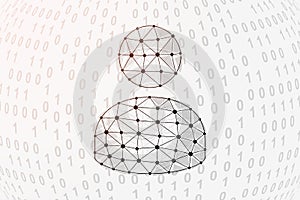 User avatar 3d low poly symbol with binary code background. Teamwork design vector illustration. Profile polygonal