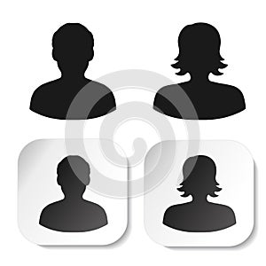 User black symbols. Simple man and woman silhouette. Profile labels on white square sticker. Sign of member or person on social ne