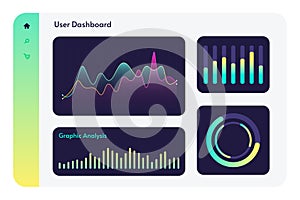 User dashboard template with circle graphics, diagrams, statistic bars. Admin panel interface design.