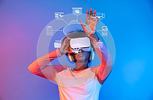 Innovative Virtual Reality User Interacting with Cloud Technology and Online Solutions in Modern Web Development