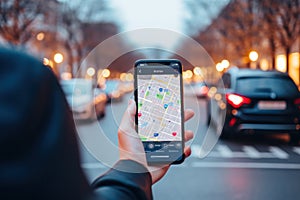 User engages with AI parking app, close-up of smartphone screen. Seamless city navigation unfolds