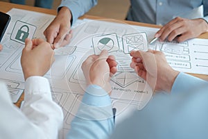 User experience UX designer designing web on smart phone layout. UI developer planning working on mobile application prototype