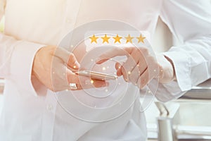 user give five stars rating satisfied feedback review for customer service or app experience quality survey concept