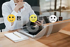 User give rating to service experience on online application, Customer review satisfaction feedback survey concept