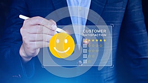User gives rating to service experience on online application, Customer review satisfaction feedback survey concept