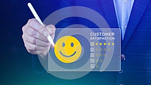 User gives rating to service experience on online application, Customer review satisfaction feedback survey concept