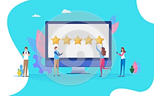 User giving five star rating. feedback review scroll. People vector illustration. Flat cartoon character graphic design.