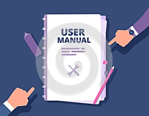 User guide document. User manual, reference with people hands. Handbook, instruction and guidebook vector concept
