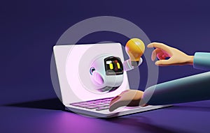 User hand touching cute robot light bulb through laptop on purple background