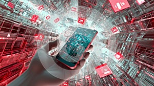 Cyberpunk smartphone interface in a futuristic digital city photo