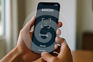 A user holds a smartphone scanning facial recognition for banking login, indicating a secure authentication process photo