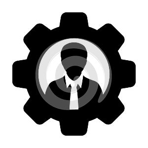 User icon vector male person profile avatar with gear cogwheel for settings and configuration in flat color glyph pictogram