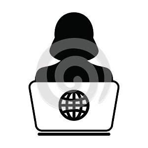 User icon vector working from home with laptop computer female Person profile avatar and globe symbol for business and finance