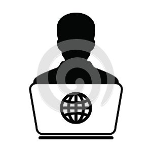 User icon vector working from home with laptop computer male person profile avatar and globe symbol for business and finance