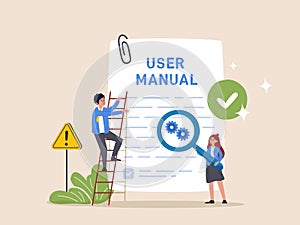 User information concept. Customer guide, technical document. People read user manual book. Managers reading and writing