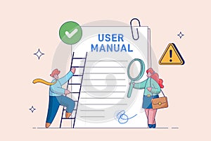 User information concept. Customer guide, technical document. People read user manual book. Managers reading and writing