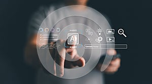 User interacting with AI agents on virtual interface, symbolizing artificial intelligence, machine learning, chatbot automation,