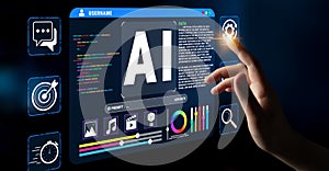 User Interacting with Artificial Intelligence Interface on a Computer Screen Featuring Data Visualization, Graphs, and