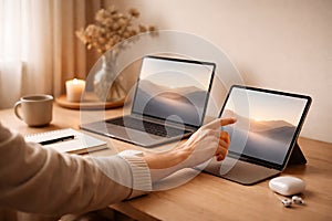 User Interacting with Data Analytics Dashboard on Tablet and Laptop