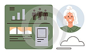 User interface with charts, graphs, profile icons, and cloud concept for digital data management and visualization