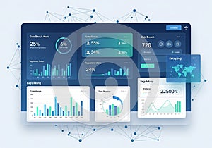 User interface dashboard featuring data analytics. Displays charts,