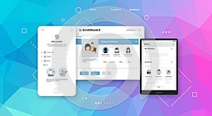 User interface design concept featuring three devices: a smartphone, tablet, and