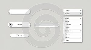User interface design elements on a gray background include rounded white buttons